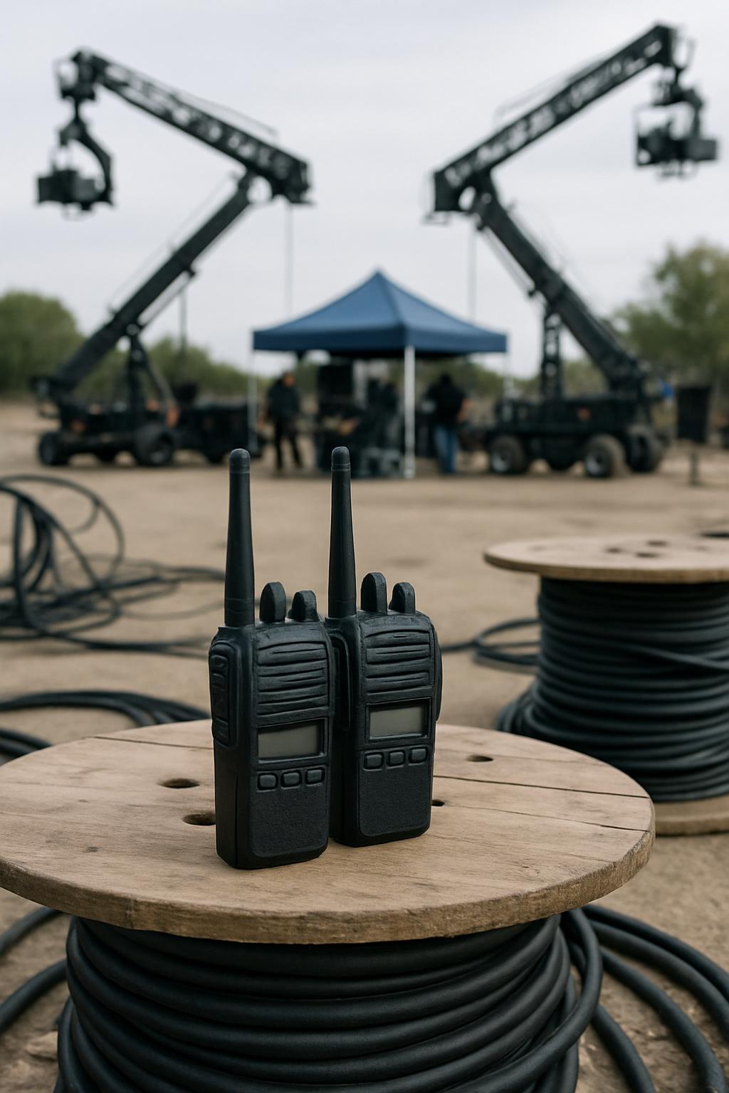 Two black walkie-talkies on top of wooden spools with cables extended in the background, possibly used for filming or anot...